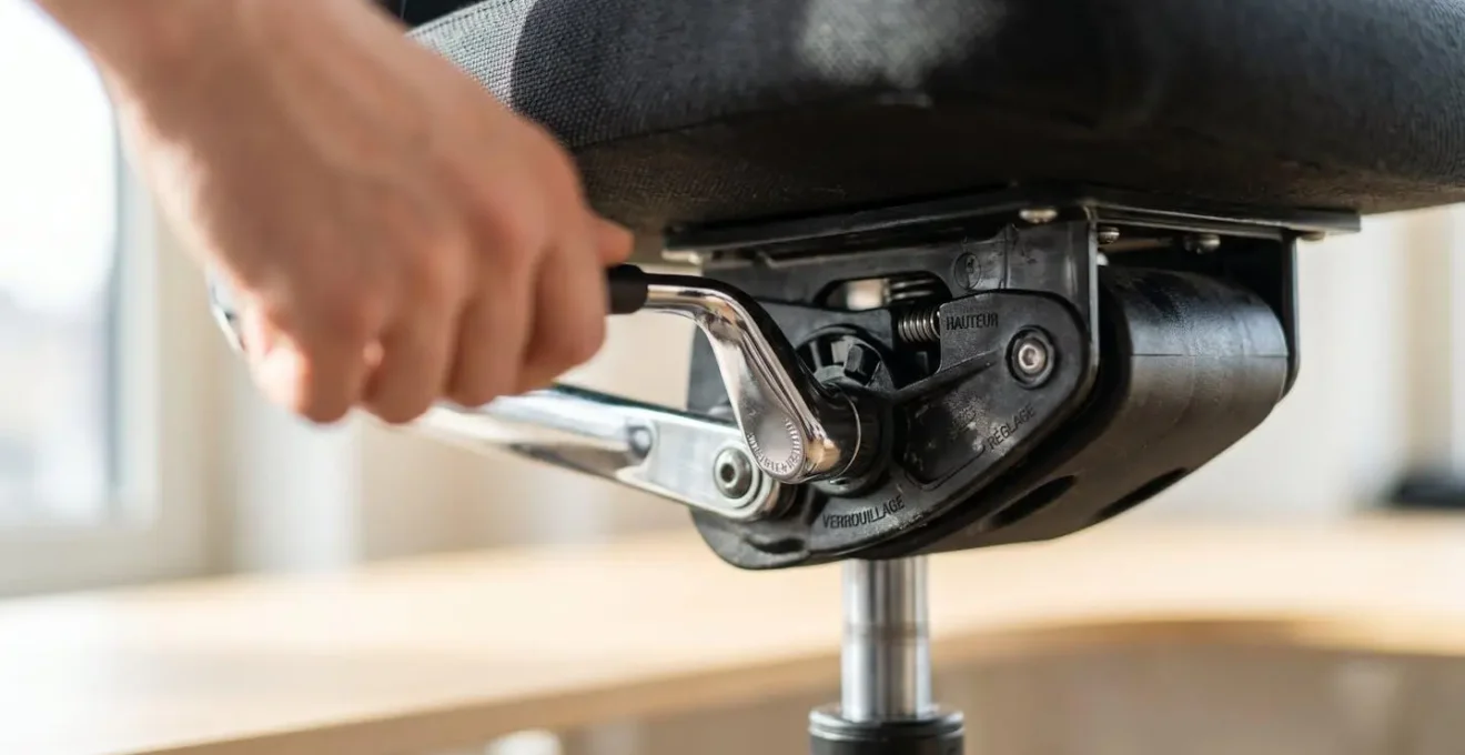 Gros plan sur le mécanisme de réglage chromé d'un fauteuil de bureau ergonomique, molette de hauteur en détail, texture tissu noir du siège en arrière-plan flou, main floue effectuant un réglage