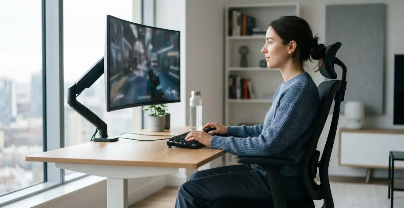 Joueur vu de profil assis correctement devant un écran gaming, dos droit naturel, regard au niveau de l'écran avec angle légèrement descendant, mains sur clavier et souris, arrière-plan flou avec lumière douce