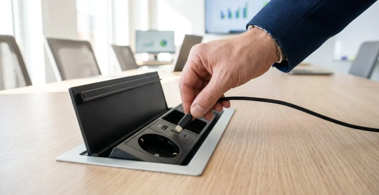 Gros plan sur un système top access ouvert dans une table de réunion montrant des prises électriques et USB intégrées avec une main professionnelle branchant un câble