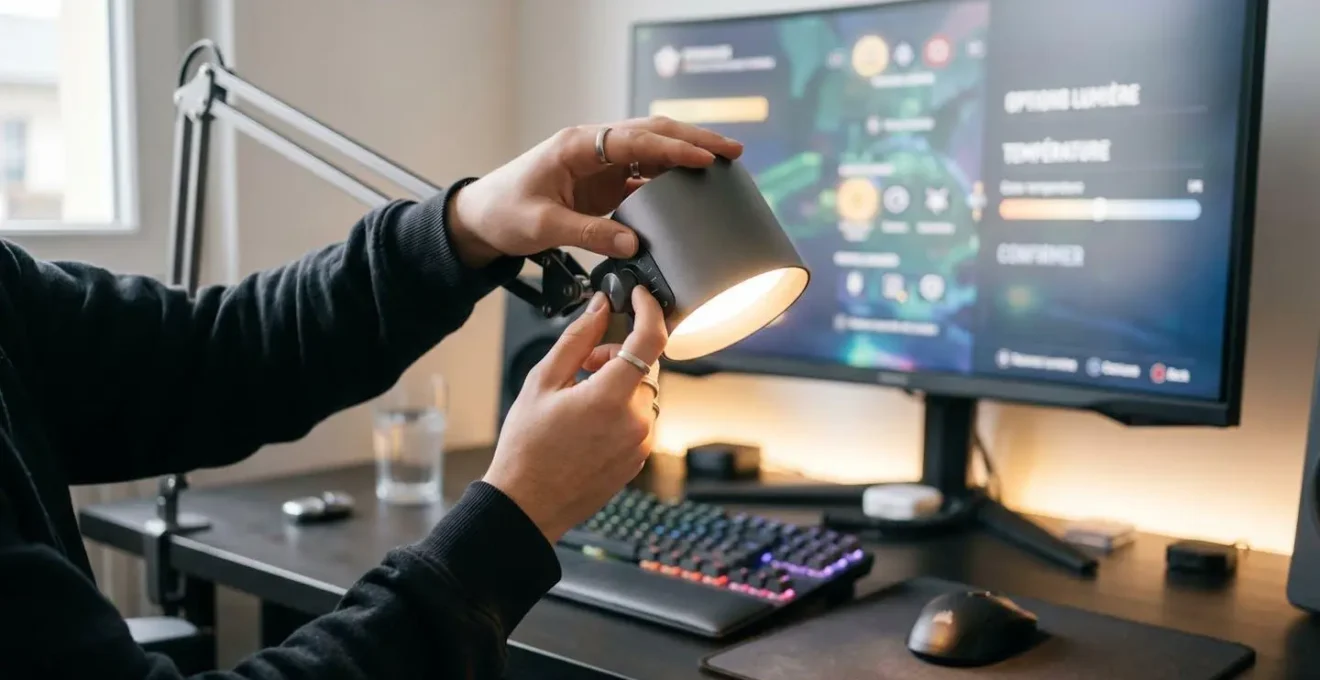 Mains ajustant une lampe de bureau LED moderne à température de couleur réglable, écran gaming illuminé en arrière-plan flou, interaction naturelle avec l'équipement, lumière ambiante douce mélangée