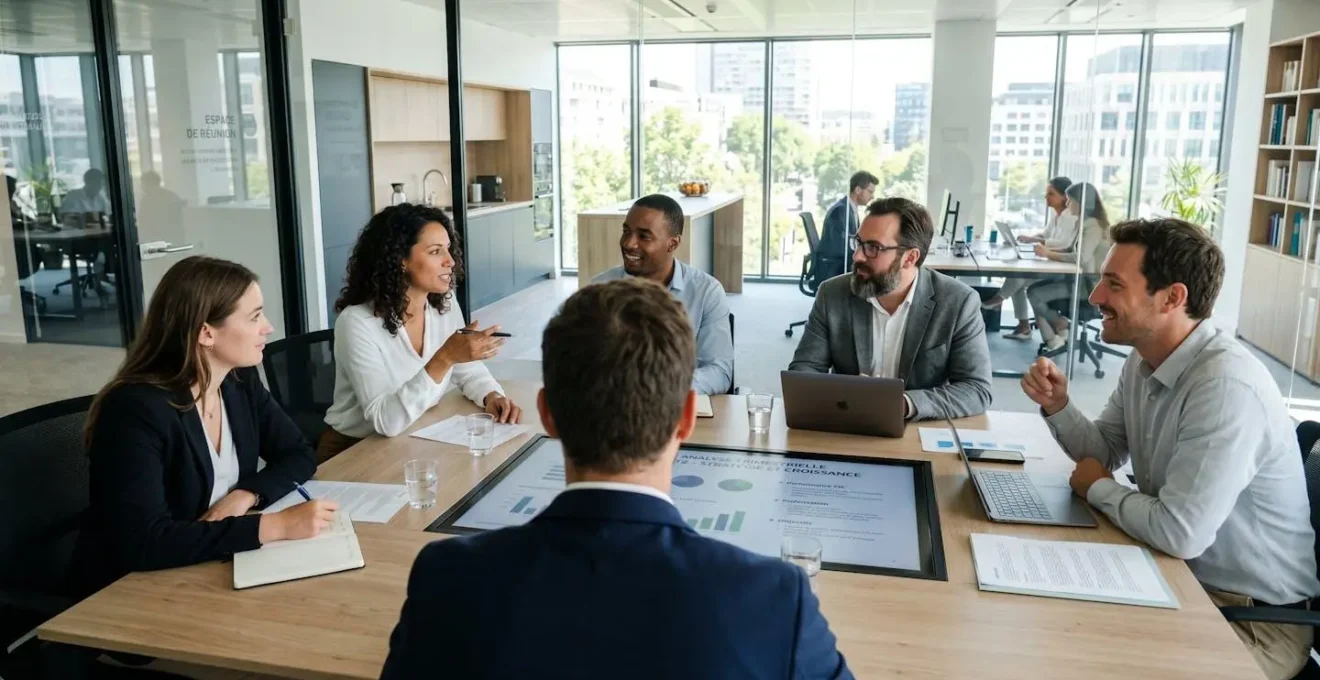 Des professionnels vus de dos autour d'une table de réunion contemporaine discutent face à un grand écran de visioconférence dans un bureau lumineux