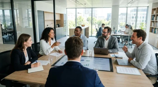Des professionnels vus de dos autour d'une table de réunion contemporaine discutent face à un grand écran de visioconférence dans un bureau lumineux