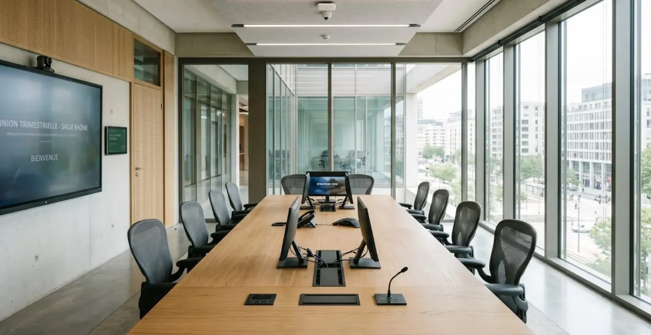 Vue large d'une salle de réunion moderne vide avec table centrale et équipements audiovisuels intégrés baignée de lumière naturelle par de grandes fenêtres dans un design contemporain épuré