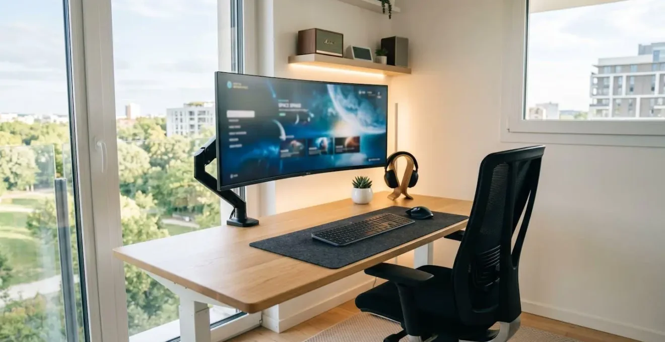 Bureau gaming moderne avec écran sur bras articulé, fauteuil ergonomique noir et éclairage LED indirect dans une pièce lumineuse contemporaine