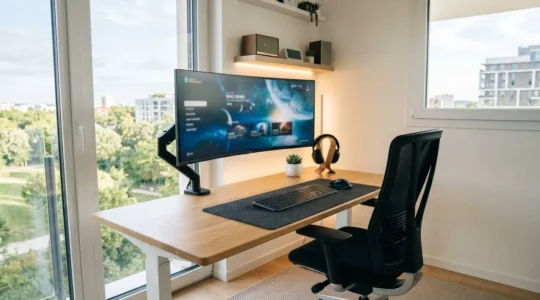 Bureau gaming moderne avec écran sur bras articulé, fauteuil ergonomique noir et éclairage LED indirect dans une pièce lumineuse contemporaine