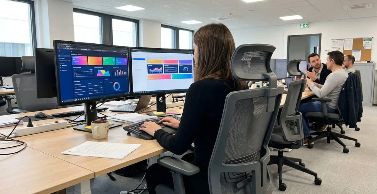 Collaborateur de dos installé à un poste de travail ergonomique avec fauteuil réglable et double écran, posture droite, épaules légèrement tendues, collègues en discussion floue en arrière-plan