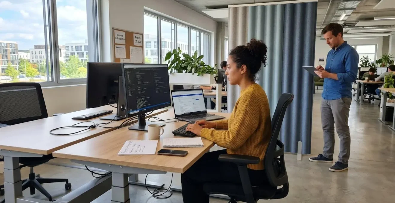 Deux collaborateurs dans un open space contemporain, l'un assis à un bureau réglable en hauteur face à son écran, l'autre debout près d'un panneau acoustique vertical, lumière naturelle de fenêtre
