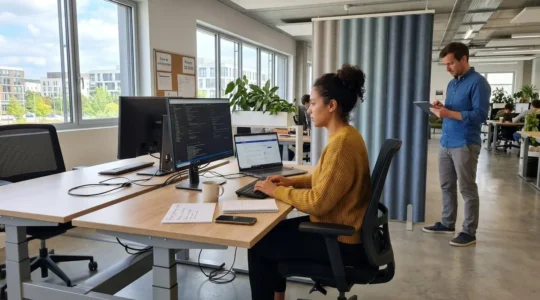 Deux collaborateurs dans un open space contemporain, l'un assis à un bureau réglable en hauteur face à son écran, l'autre debout près d'un panneau acoustique vertical, lumière naturelle de fenêtre